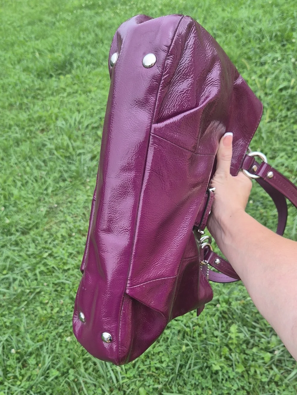 Coach Soho Plum Crinkle Patent Leather Large Buckle Tote Shoulder Bag